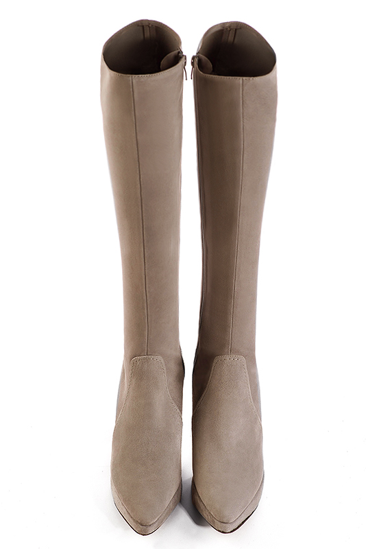 Biscuit beige women's feminine knee-high boots. Tapered toe. Very high slim heel with a platform at the front. Made to measure. Top view - Florence KOOIJMAN